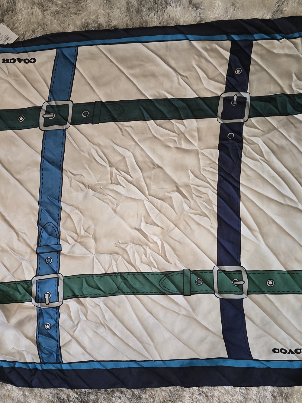 Coach Cream Scarf with Blue and Green Belt Print